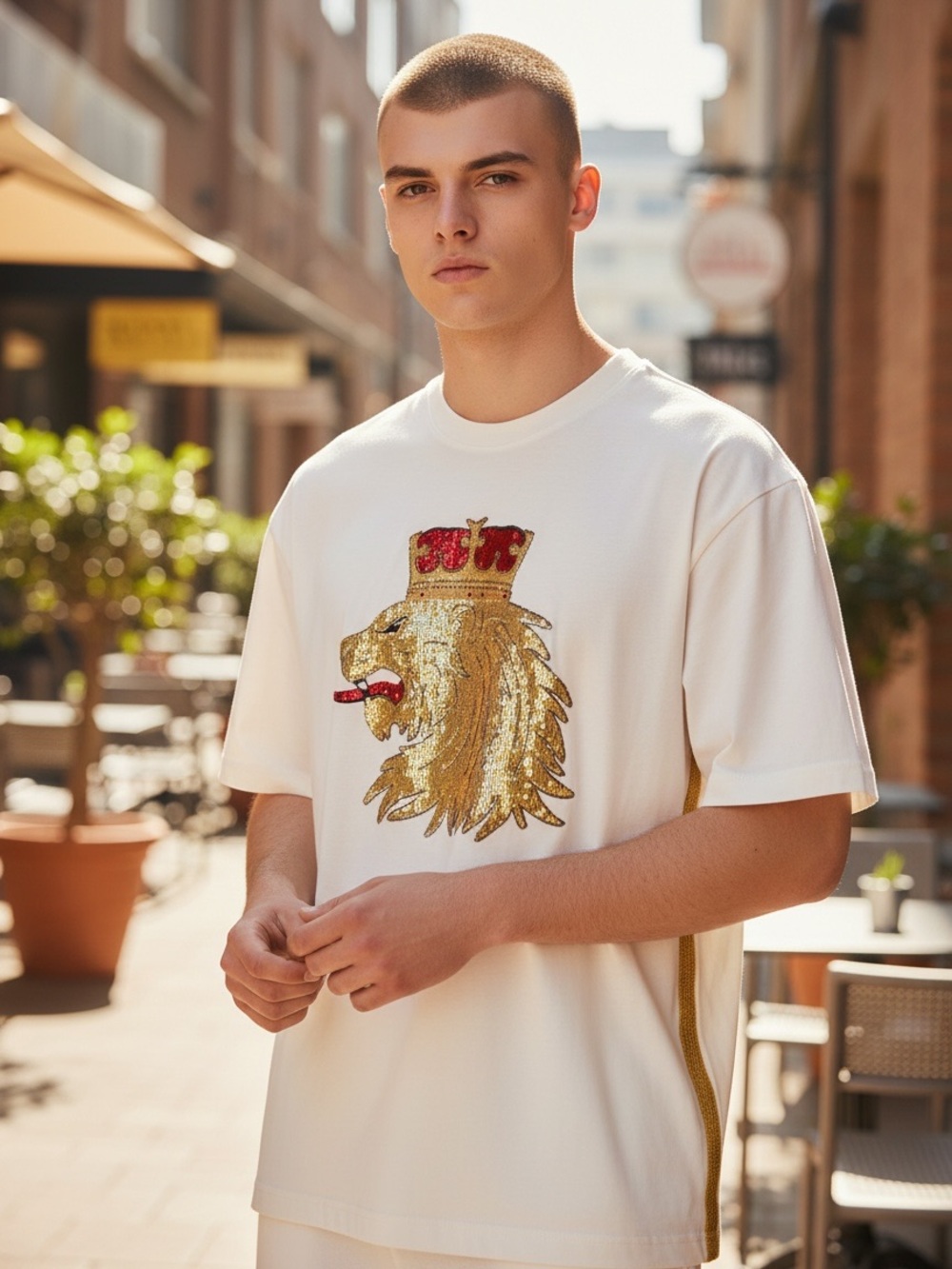 White Men's Tee with Gold Crowned Lion Embroidery